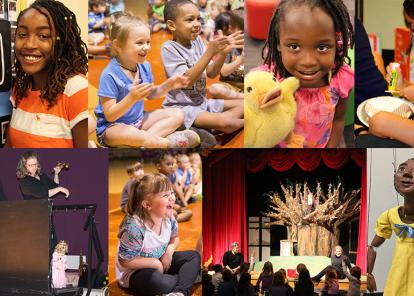 Collage of adults and children visiting the library.
