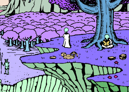 Illustrated landscape in purple, lilac, pink, and green.