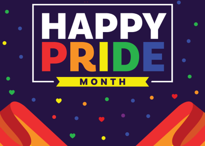 Happy Pride month logo includes rainbow colors.