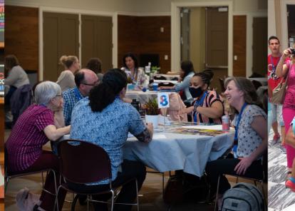 Three images showing adult literacy conference, teachers, and learners.