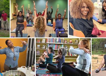 Collage showing people gardening, doing yoga, getting a COVID shot, learning to cook, and learning about breastfeeding.