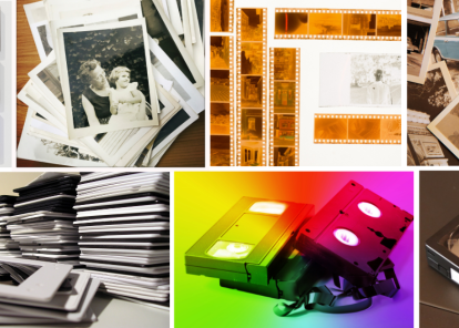 Collage image showing cassette tapes, vhs tapes, slides, negatives, and old photos.
