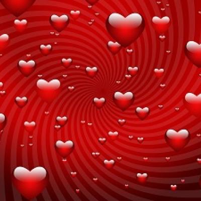 Red background with floating red hearts.