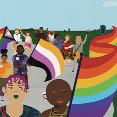 Illustration of people with various pride flags.