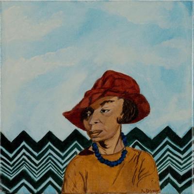 Drawing of a black woman against a black and white zig zag pattern with a blue sky above.