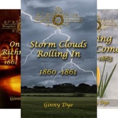Three book covers showing storm clouds