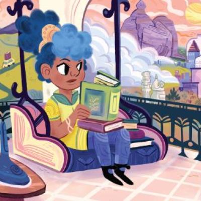 Girl with blue hair reading a book.