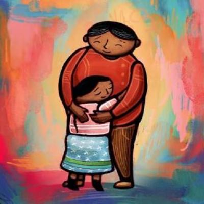 Illustration of man hugging small child.