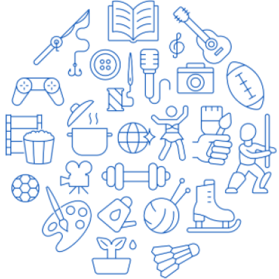 Blue pictorial images of hobby activities on a white background
