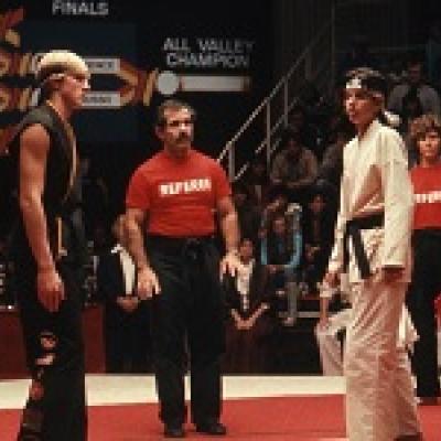 Film still from Karate Kid showing the final tournament.