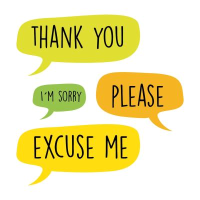 Talk bubbles with words Thank You, Please, Excuse Me, and I'm Sorry