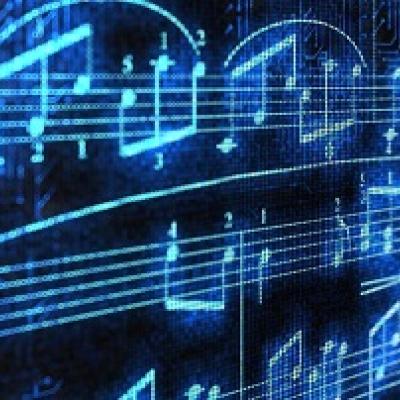 Blue music notes on a black background.