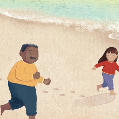 Illustration of a man and child running on the beach.