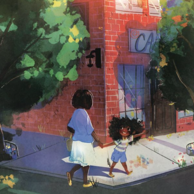 Illustration of woman and child walking around a city block.