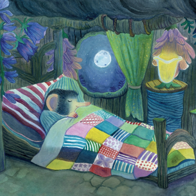 Illustration of a mole in an underground bedroom under a quilt.
