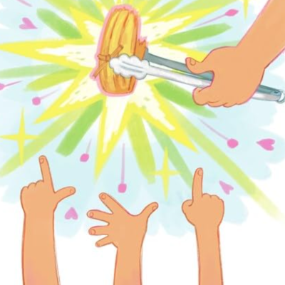 Illustration of hands reaching for a food held up by tongs.