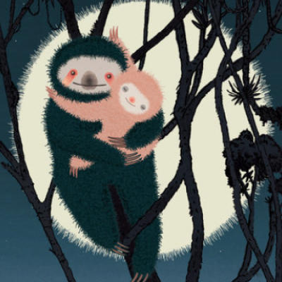 A mama sloth holding her baby