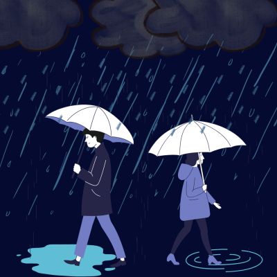 When it Rains book cover with man and woman and umbrellas.