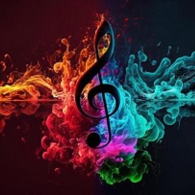 Music note with rainbow color background.