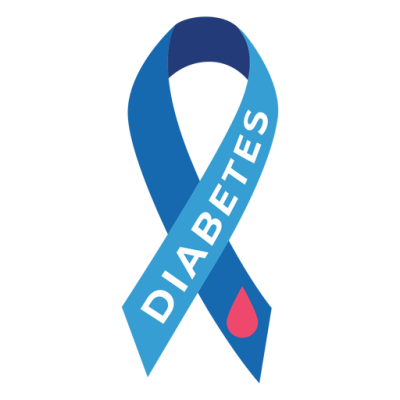 Blue ribbon with the word Diabetes on one side.