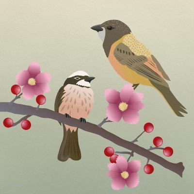 Two birds on a cherry blossom