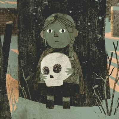 Illustration of a girl holding a skull.