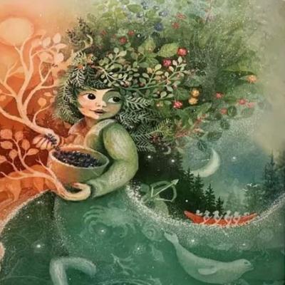 Illustration of woman with tree branches for hair and sea creatures for a skirt.