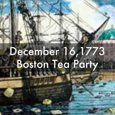 Illustration of a sailboat with text centered on the image: December 16, 1773, Boston Tea Party 
