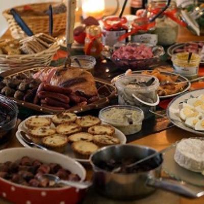 Holiday meal laid out on a table.