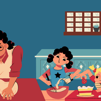 Illustration of a woman and two girls making dough.