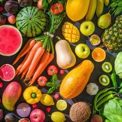 Rainbow color fruits and vegetables.