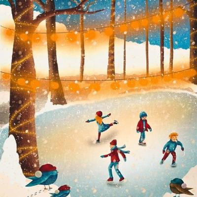 Illustration of frozen pond in woodland with children ice skating under twinkle lights.