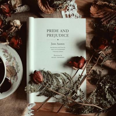 pride and prejudice first page with roses on it