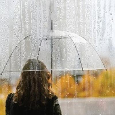 Woman from behind under an umbrella.