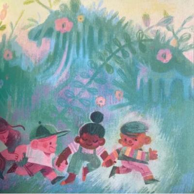 Drawing of children outdoors with giant flowers.