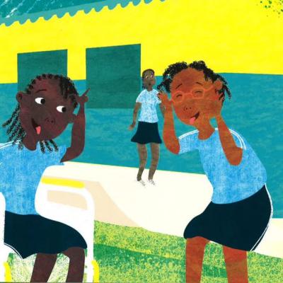 Illustration of three kids goofing around.