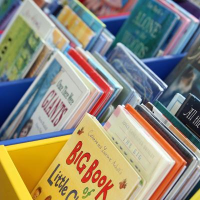 Colorful bins filled with children's books.