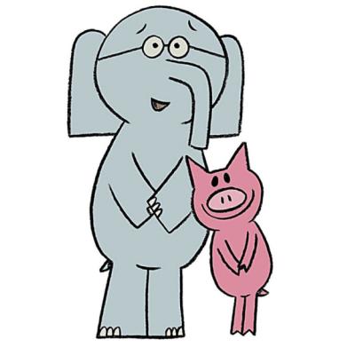 Illustration of elephant and piggie from Mo Willems books.