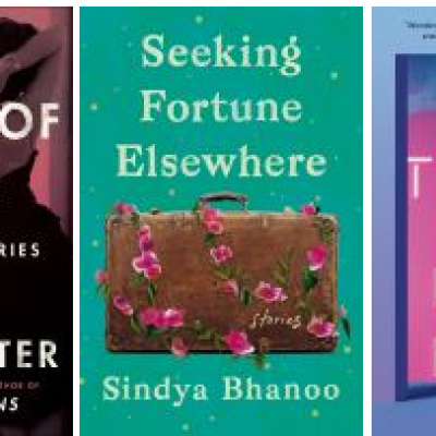 Book covers for three different books: The Angle of Rome, Seeking Fortune Elsewhere, and Out There.