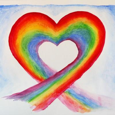 Chalk drawing of a rainbow in the shape of a heart.