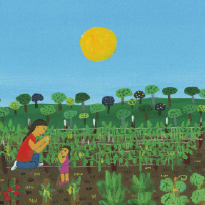 Simplistic painting of an adult and child in a sunny garden.