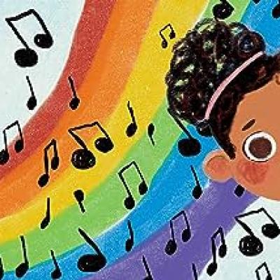 Raibow with musical notes and a small girl on the right.
