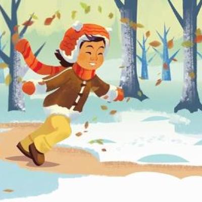 Illustration of a child running in a snowy forest.