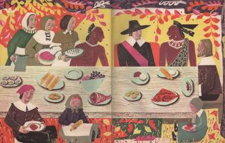 Collage illustration showing pilgrims and native americans around a table at Thanksgiving.