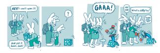 A four-panel comic strip featuring teal-colored rabbits in various poses and speech bubbles.
