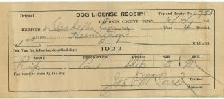 Dog license receipt from 1922