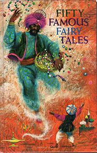 Fairy Tales book cover with Aladdin and the genie coming out of the lamp.