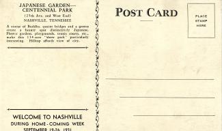 Back side of old post card from Centennial Park Japanese Gardens.