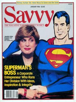 Savvy magazine cover with woman holding hands with cartoon Superman.