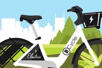 Drawing of a while bicycle against the nashville skyline. The bike has the BCycle company logo.